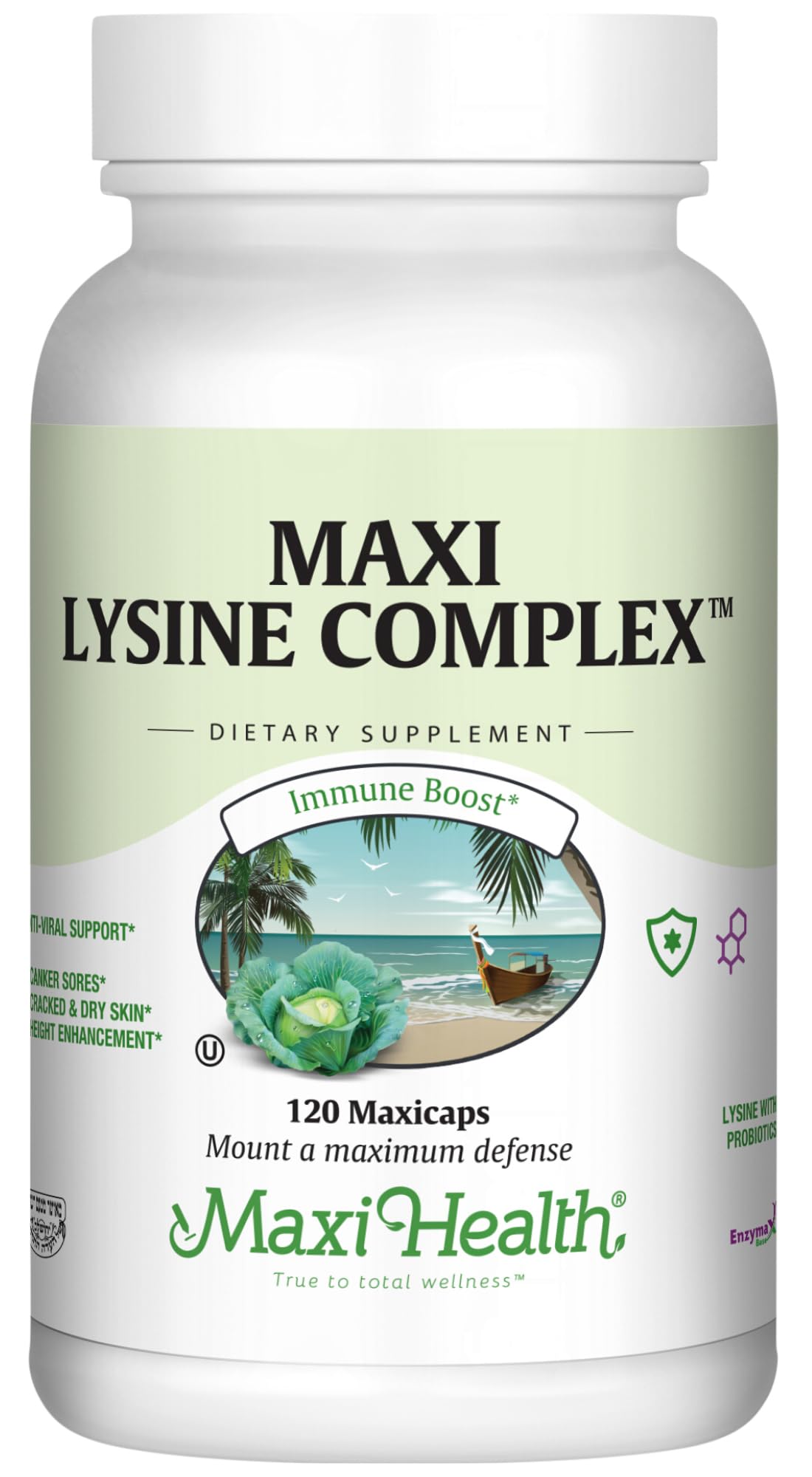Bouteille Maxi Health Lysine Complex sur fond neutre, potentiel soutien protéique quotidien.