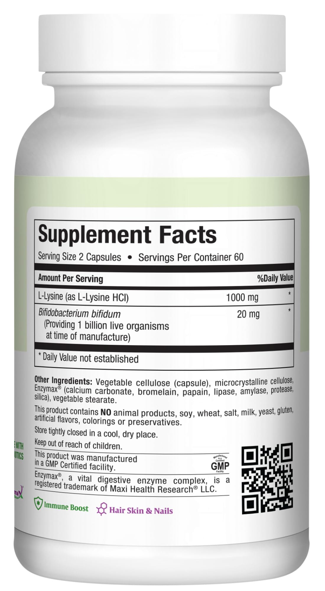 Capsules Maxi Health Lysine Complex, faciles à avaler et à intégrer.