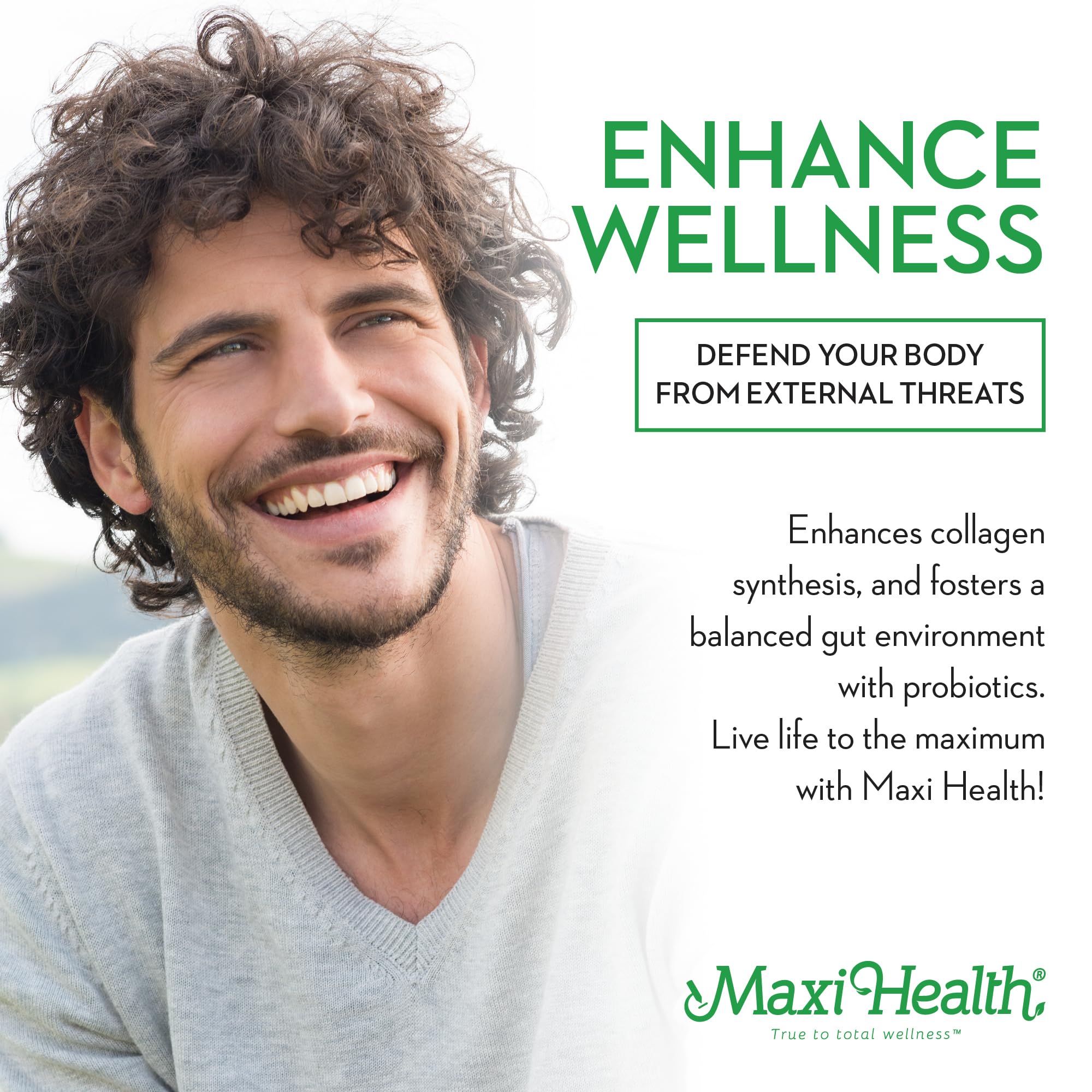 Étiquette Maxi Health Lysine Complex montrant ingrédients et certifications.