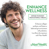 Étiquette Maxi Health Lysine Complex montrant ingrédients et certifications.