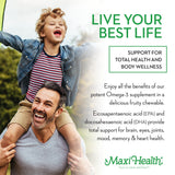Maxi Health Omega Yums, etiquette-nutrition, informations claires sur les ingrédients et bénéfices.