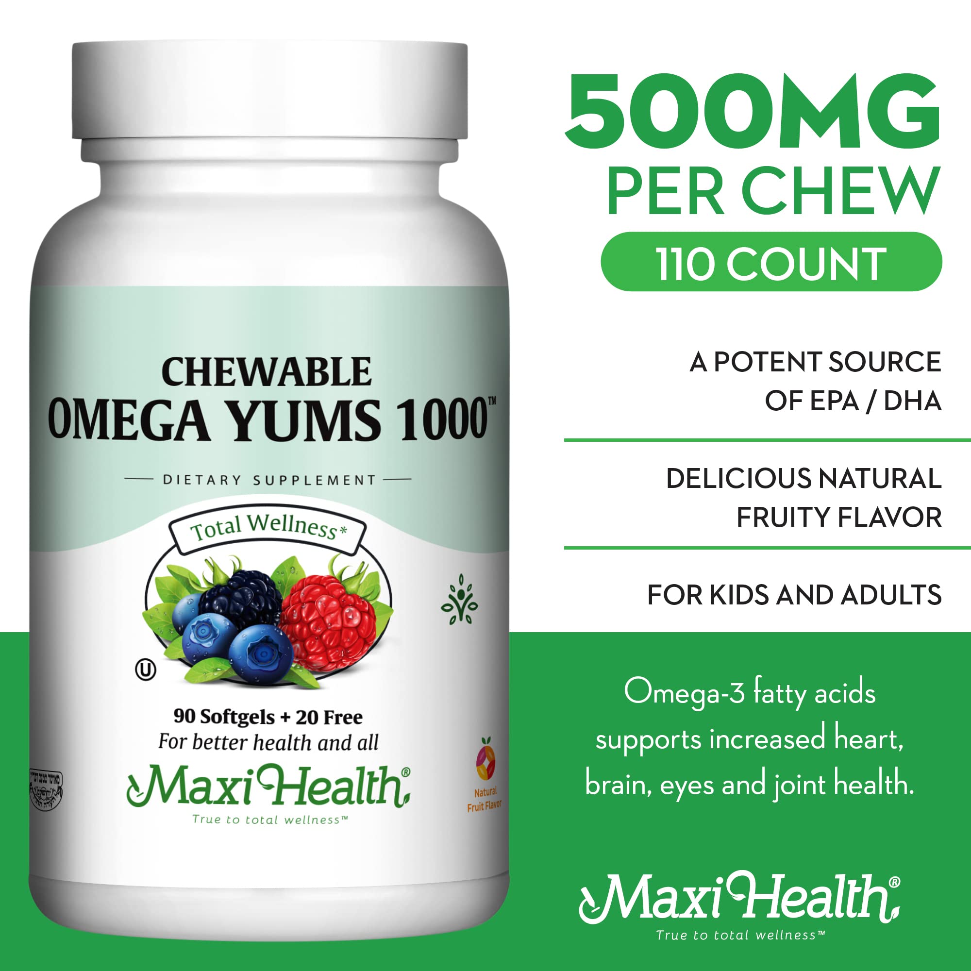 Maxi Health Omega Yums, gommes-enfant-sourire, goût fruité et attrayant pour les enfants.