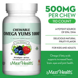 Maxi Health Omega Yums, gommes-enfant-sourire, goût fruité et attrayant pour les enfants.