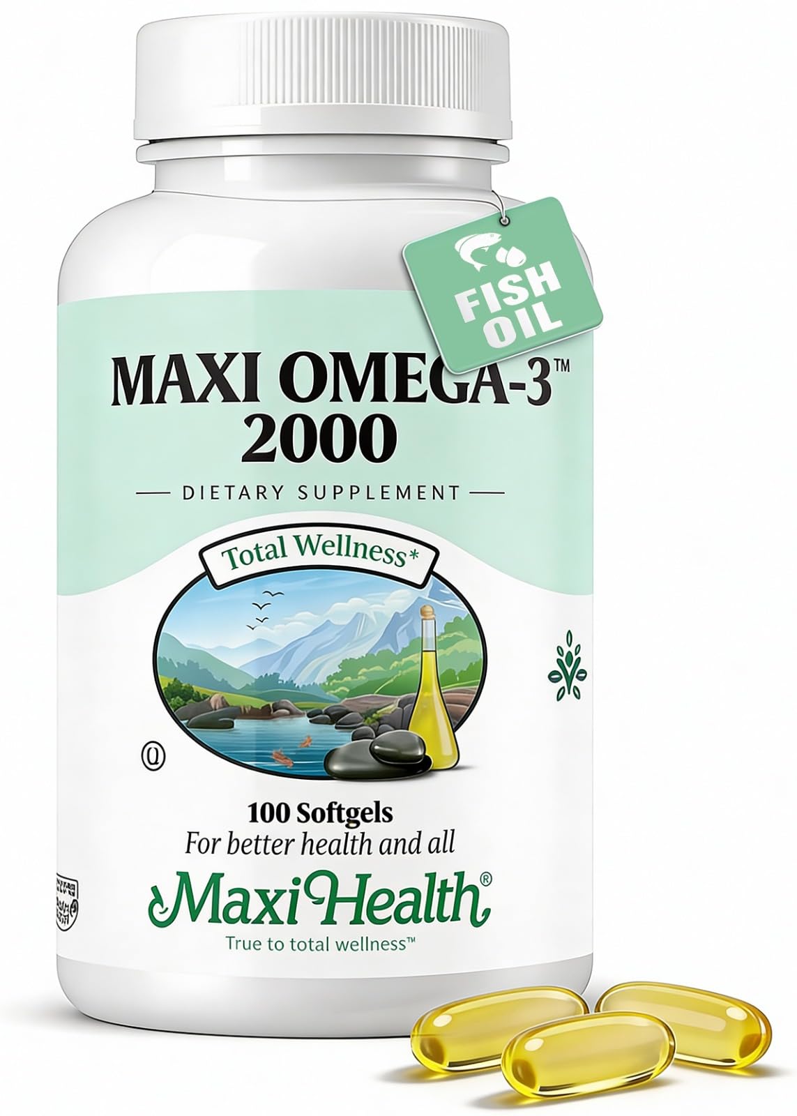 Maxi Health Omega 3 – bouteille de gélules, soutien potentiel à la santé générale.