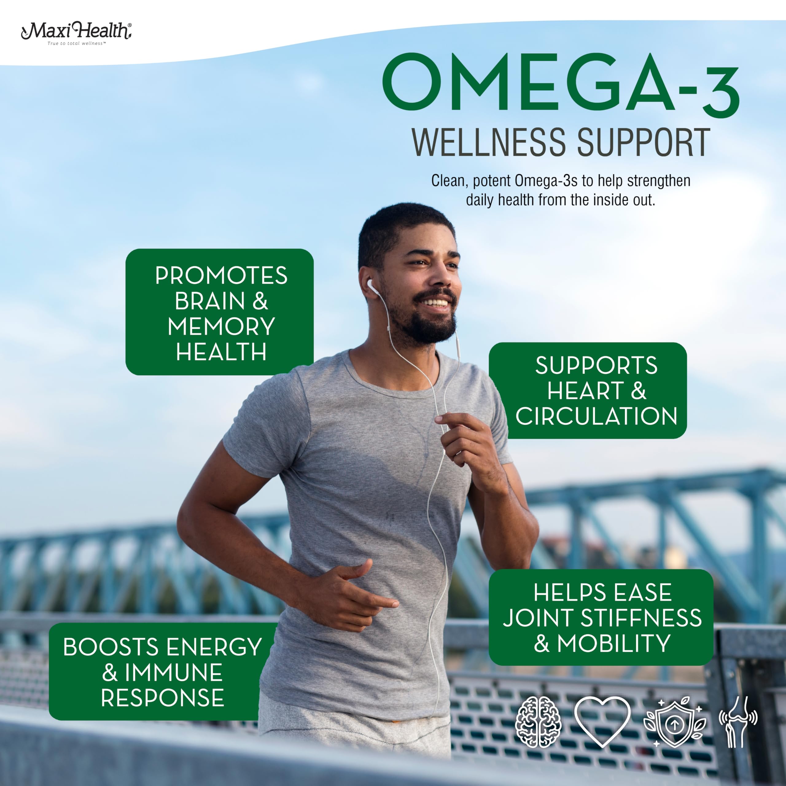 Maxi Health Omega 3 – EPA et DHA, nutriments clés pour le quotidien.