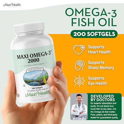 Étiquette Maxi Health Omega 3 affichant les certifications et ingrédients.
