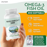 Étiquette Maxi Health Omega 3 affichant les certifications et ingrédients.
