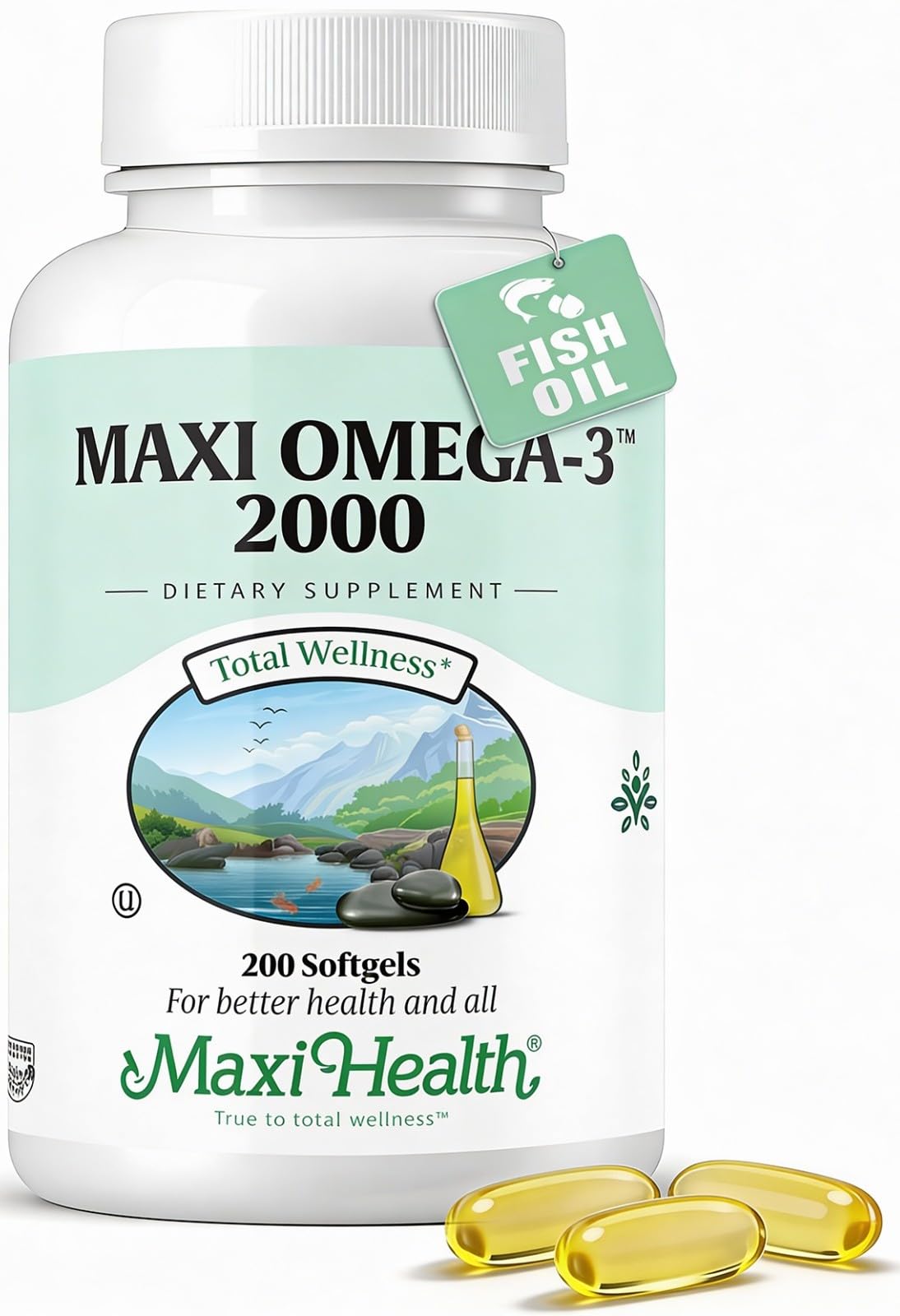 Gélules Maxi Health Omega 3 dans la bouteille, prise quotidienne simple.