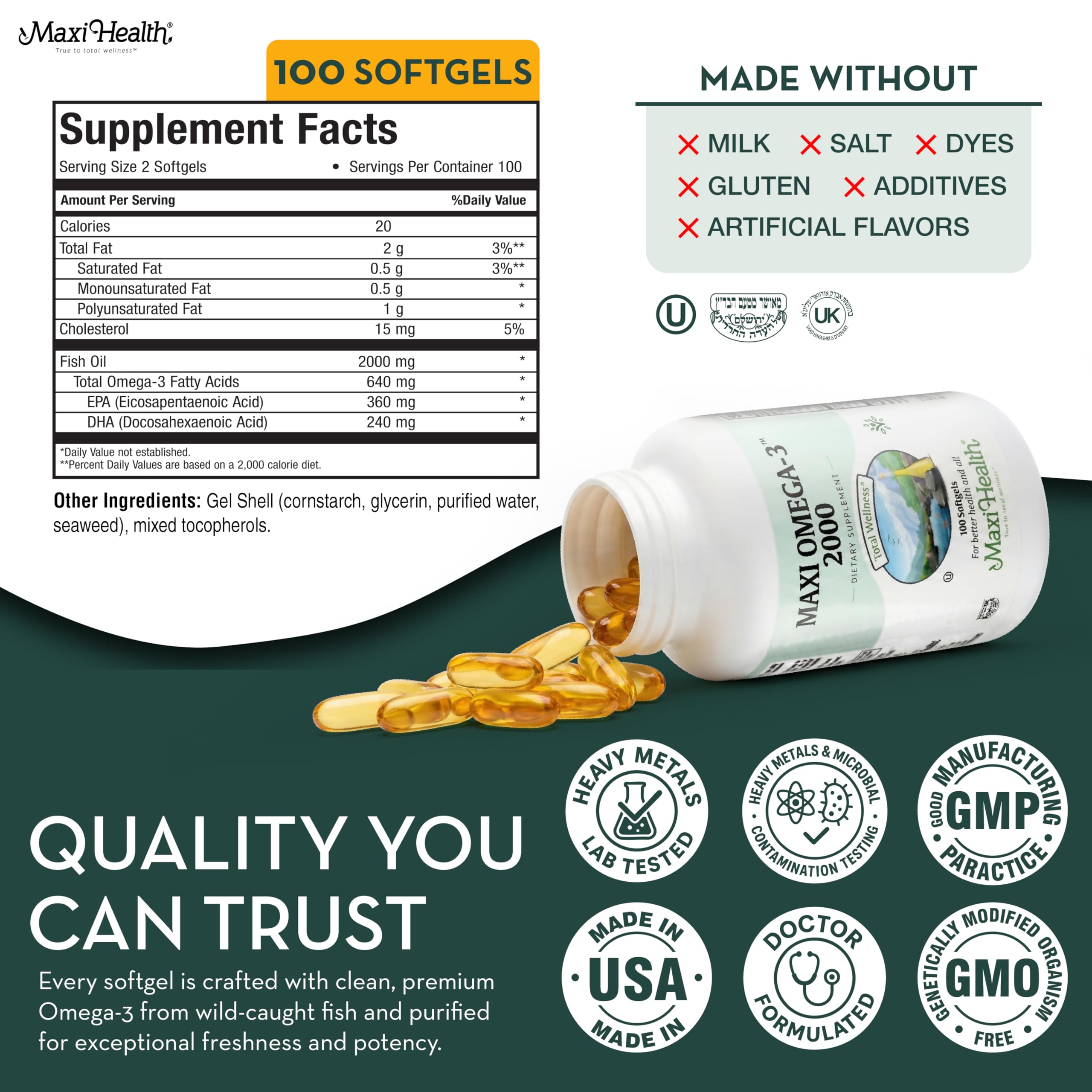 Maxi Health Omega 3 – tests independants, pureté et sécurité vérifiées.