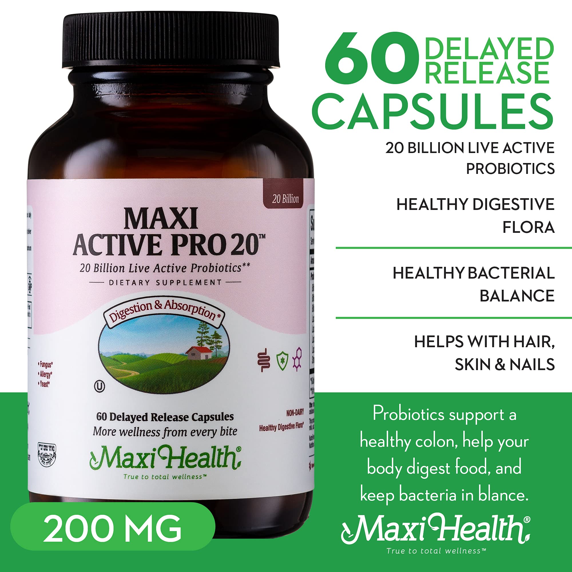 Maxi Health Probiotiques: boîte et etiquette, aperçu sain pour le transit.