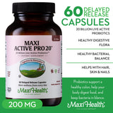 Maxi Health Probiotiques: boîte et etiquette, aperçu sain pour le transit.