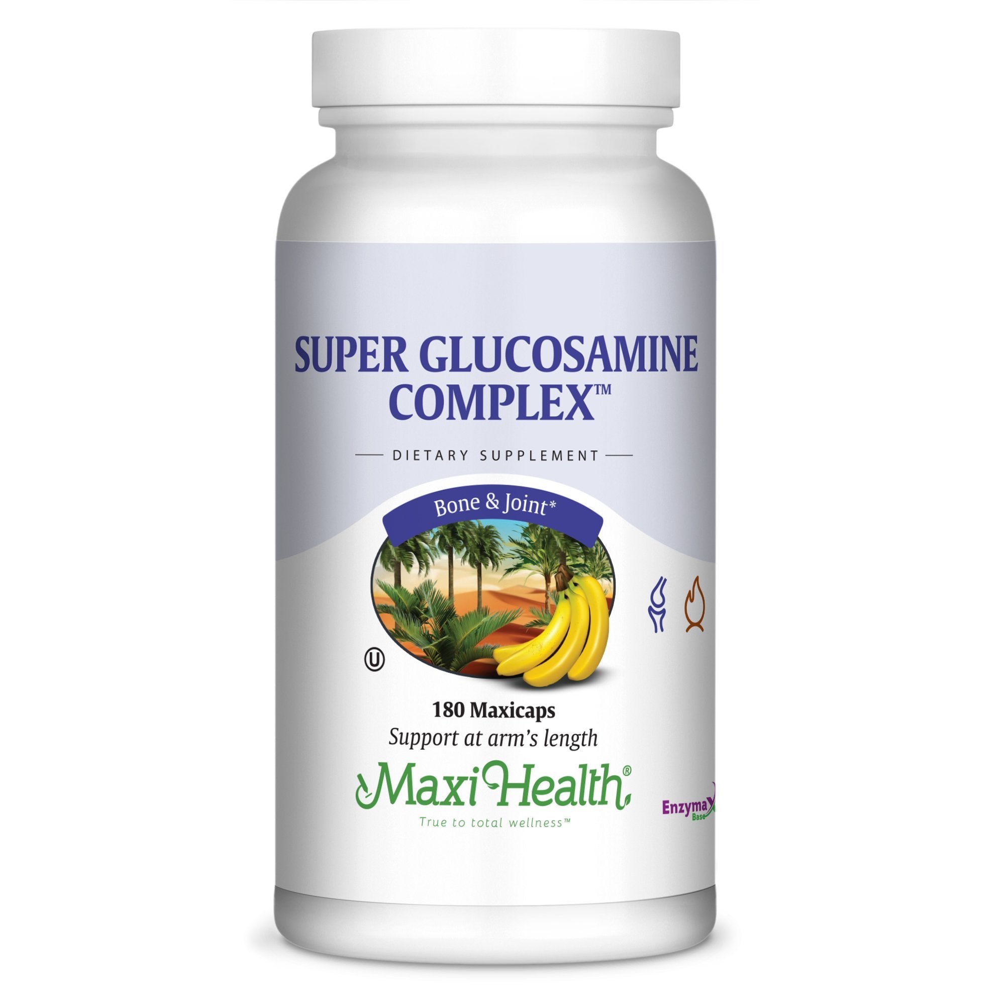 Bouteille Maxi Health Super Glucosamine Complex prête à soutenir mobilité et confort articulaire.