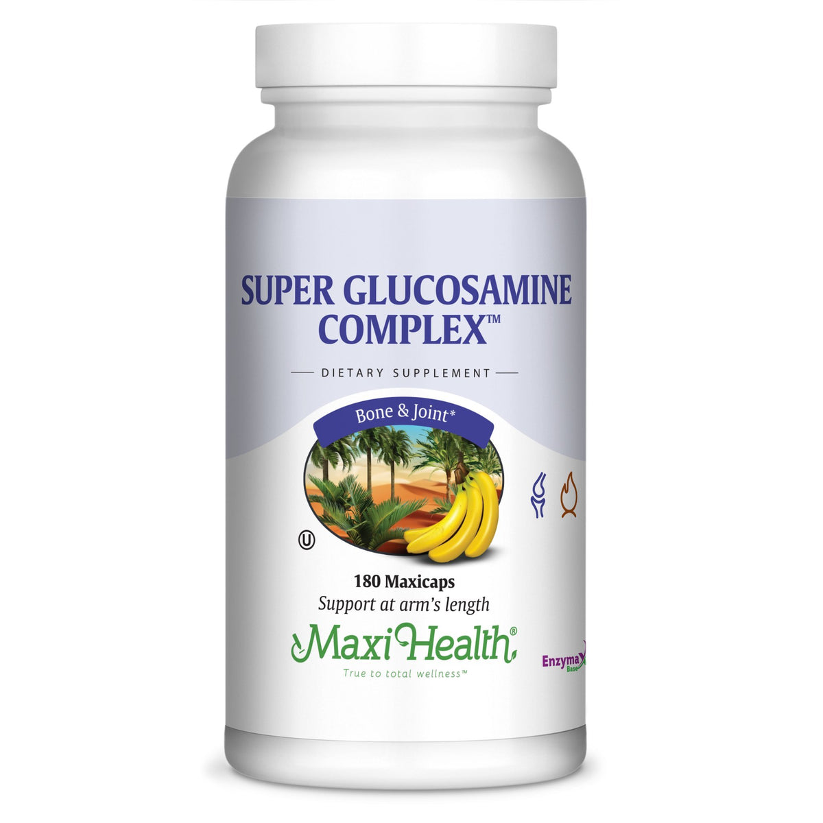 Bouteille Maxi Health Super Glucosamine Complex prête à soutenir mobilité et confort articulaire.