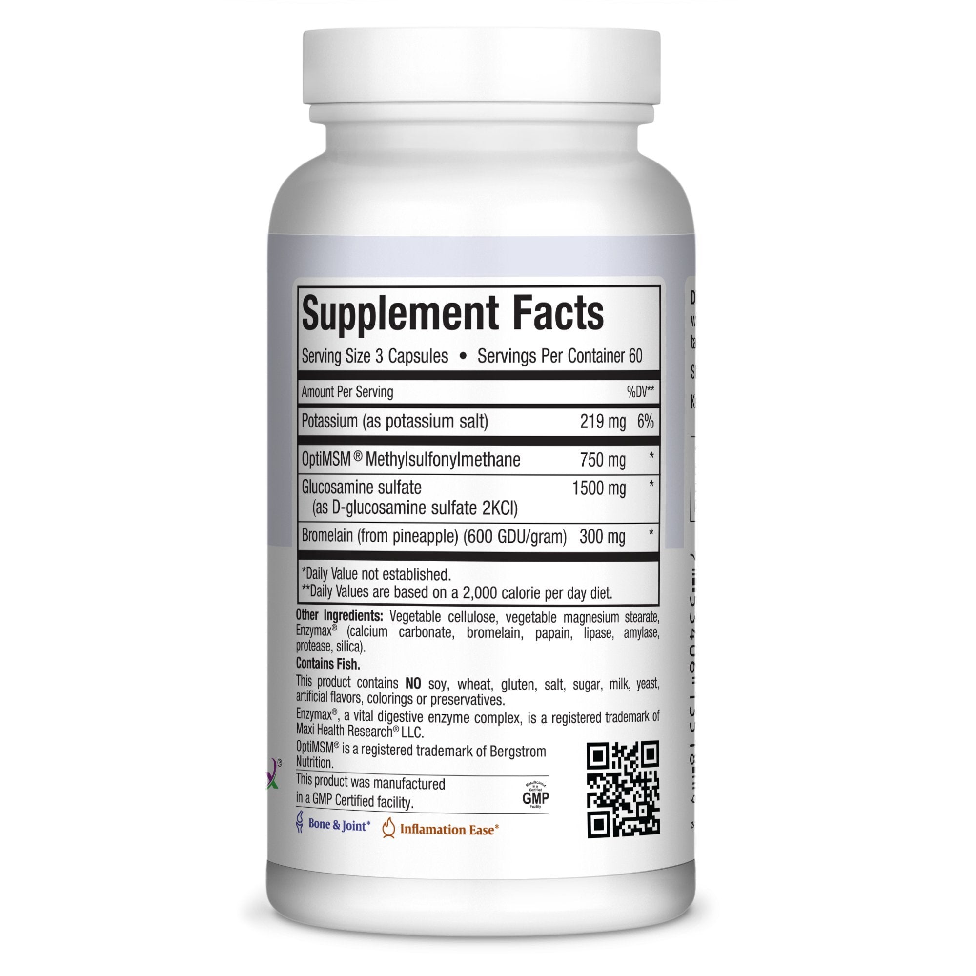 Étiquette Maxi Health Super Glucosamine Complex indiquant les ingrédients et dosage utile pour le bien-être articulaire.
