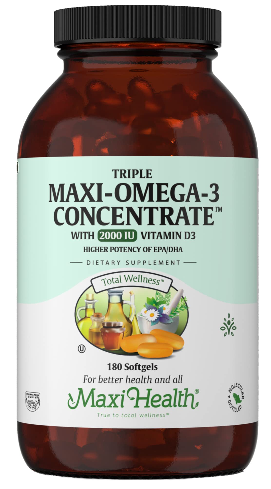 Maxi Health Triple Omega3 – bouteille de gélules, soutien potentiel cœur et cerveau.