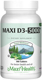 Bouteille Maxi Health Vitamin D3 5000 UI montrant un soutien potentiel pour les os et l'immunité.