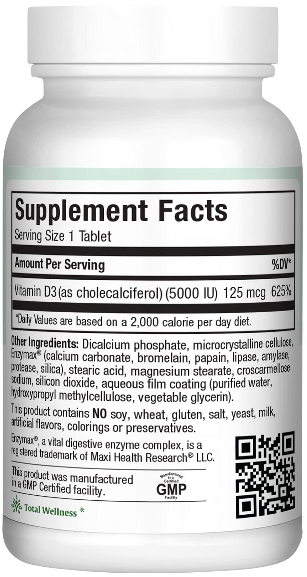Comprimés Maxi Health Vitamin D3 5000 UI, dose élevée pour une absorption potentielle.