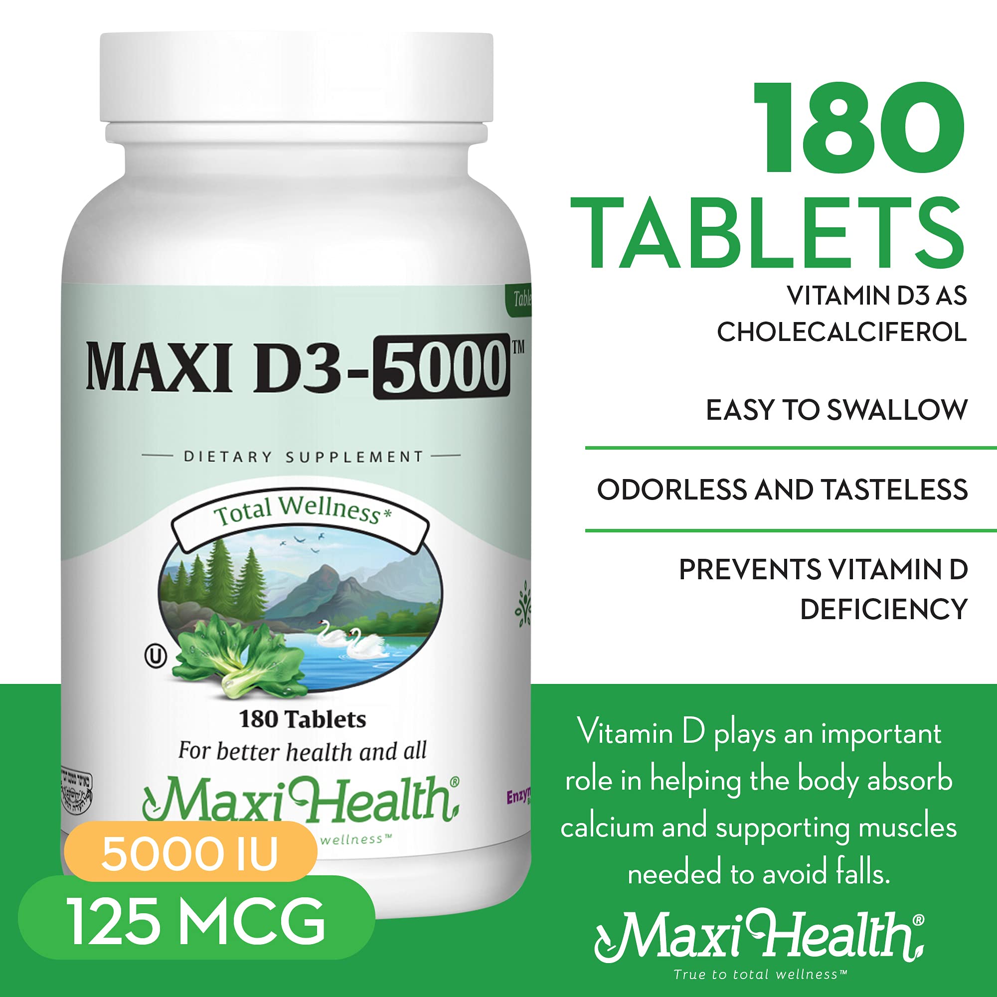 Étiquette Maxi Health Vitamin D3 5000 UI, informations claires et fiabilité.