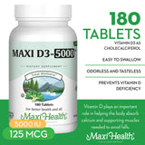 Étiquette Maxi Health Vitamin D3 5000 UI, informations claires et fiabilité.