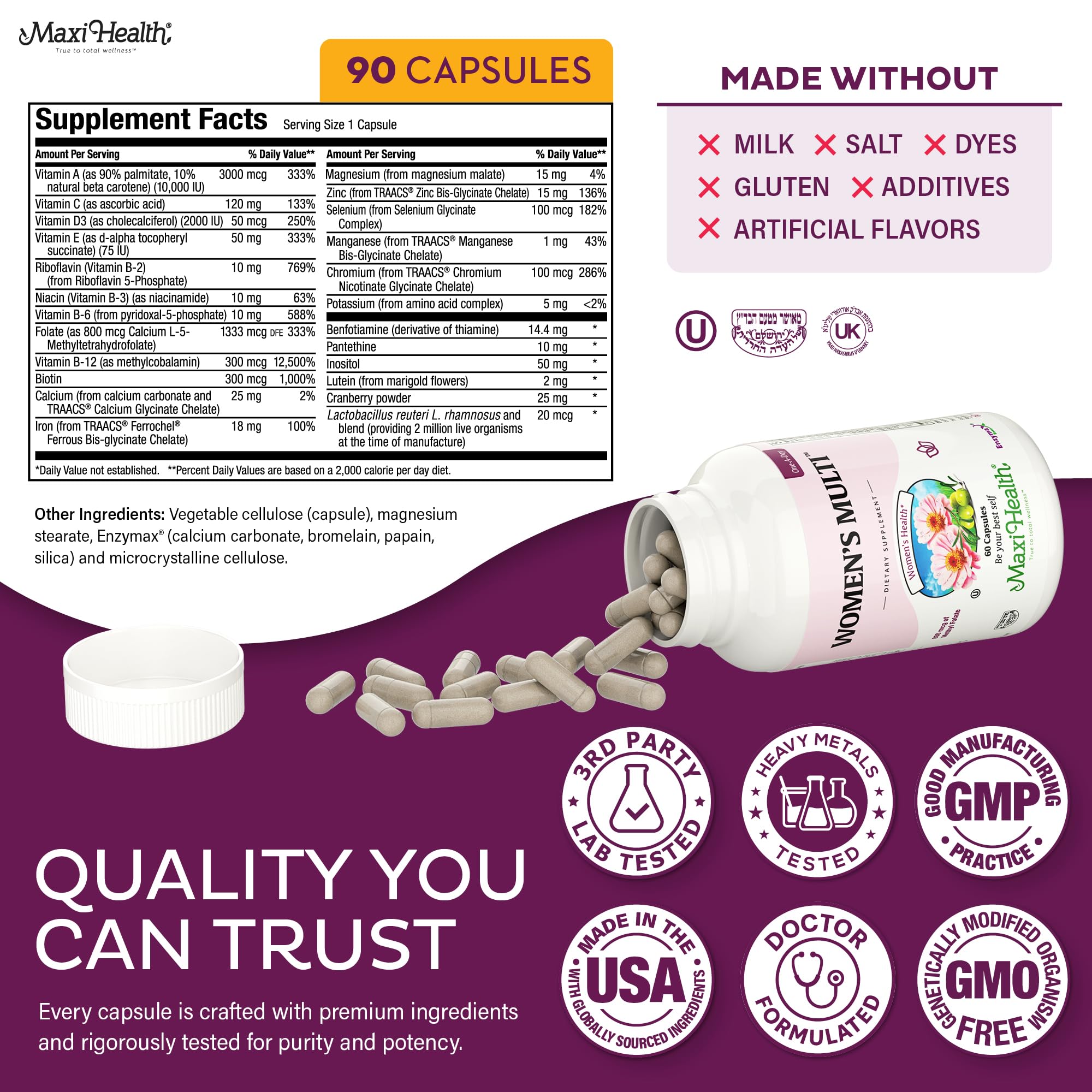 Maxi Health Femmes Multivitamine, D3 et zinc: soutien potentiel immunitaire et humeur.