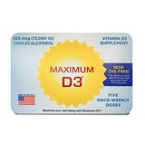 Maximum D3, bouteille avec étiquette, soutien potentiel à la santé osseuse et calcium.