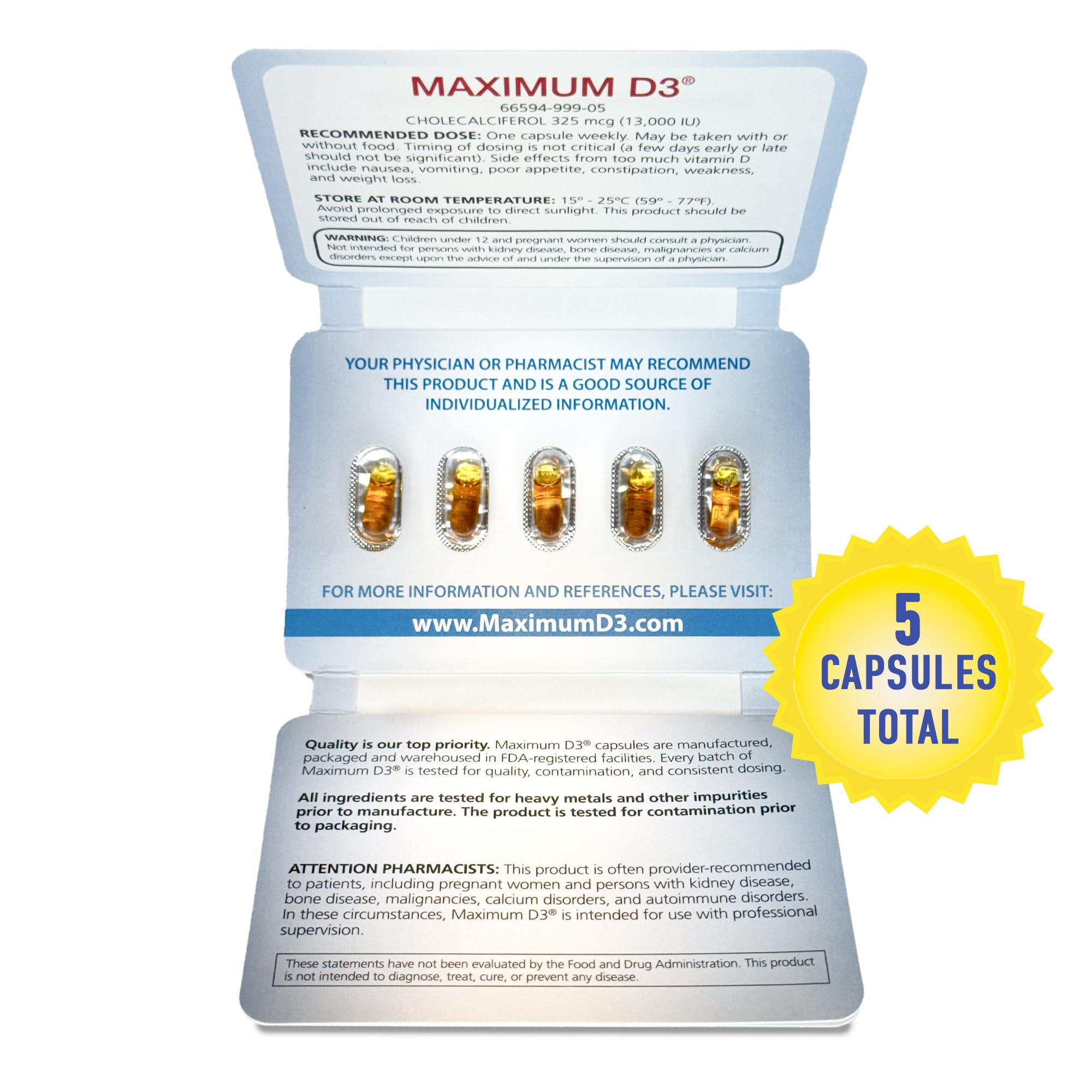 Maximum D3, capsules ouvertes, utilisation hebdomadaire potentielle pour le système immunitaire.