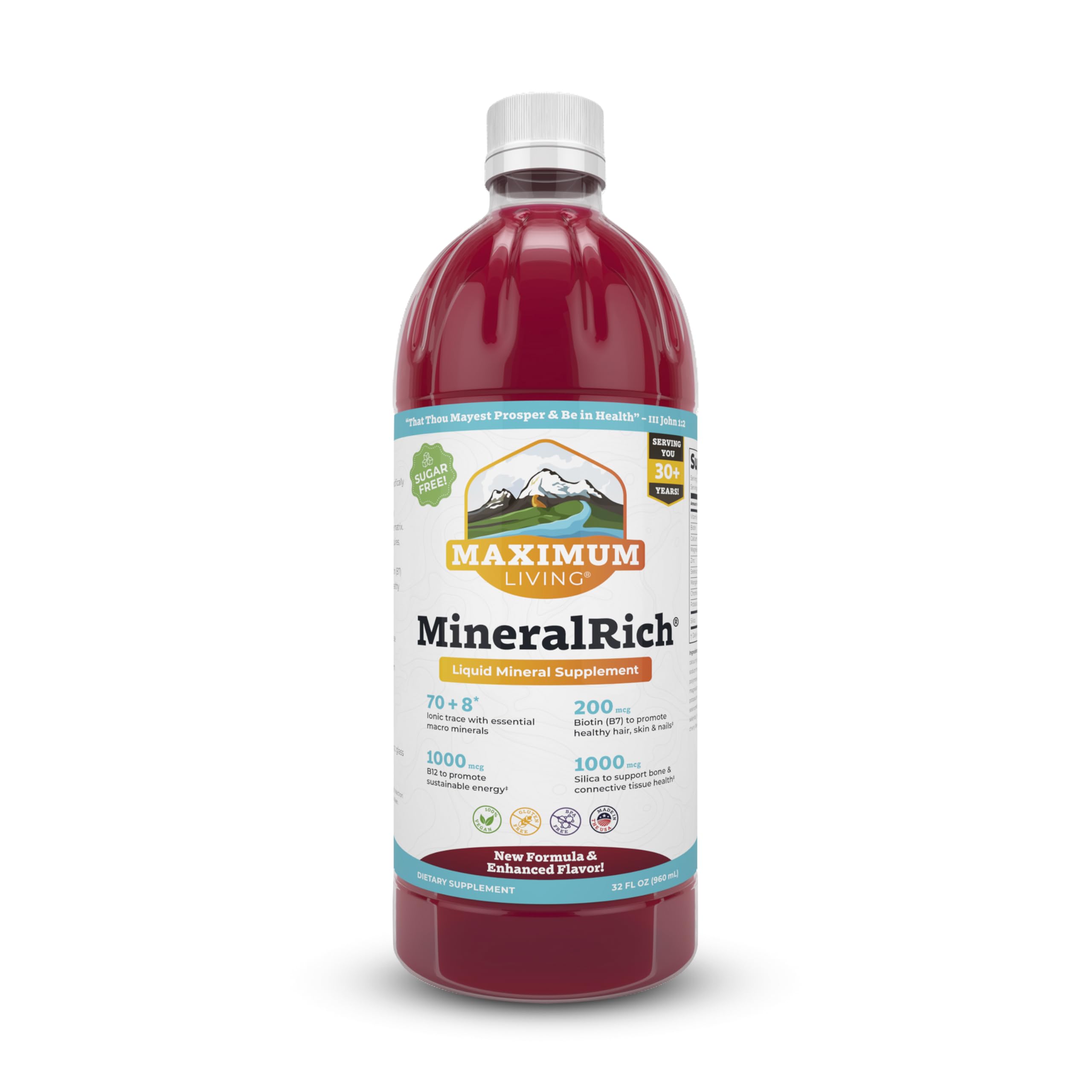 Maximum Living MineralRich bouteille 32oz, pratique pour un apport minéral quotidien sans sucre.