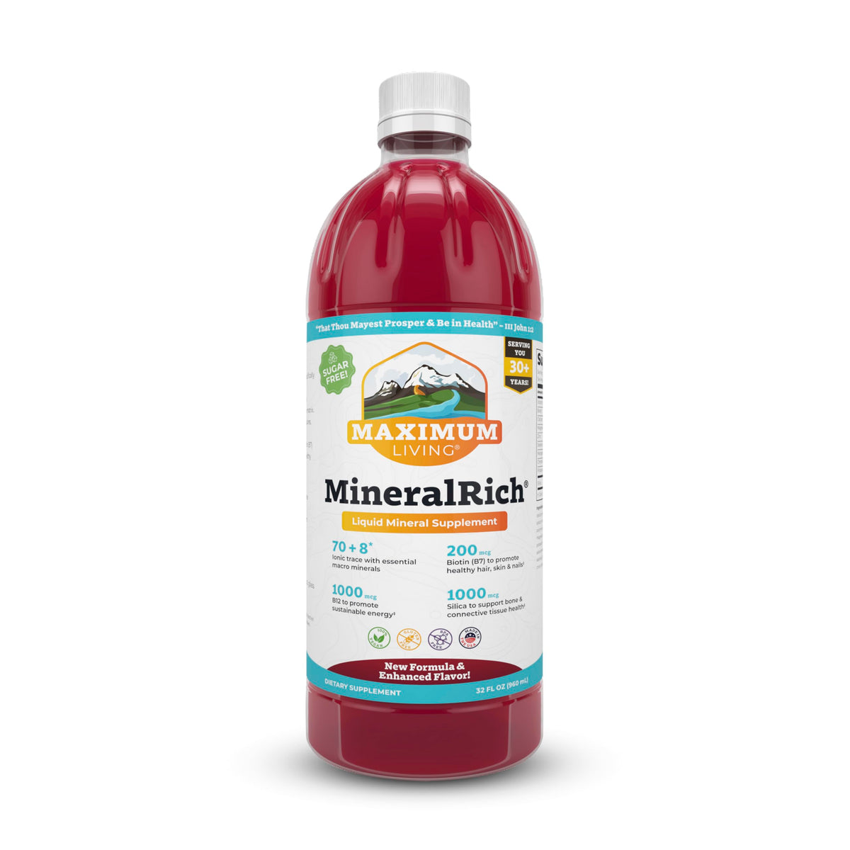 Maximum Living MineralRich bouteille 32oz, pratique pour un apport minéral quotidien sans sucre.