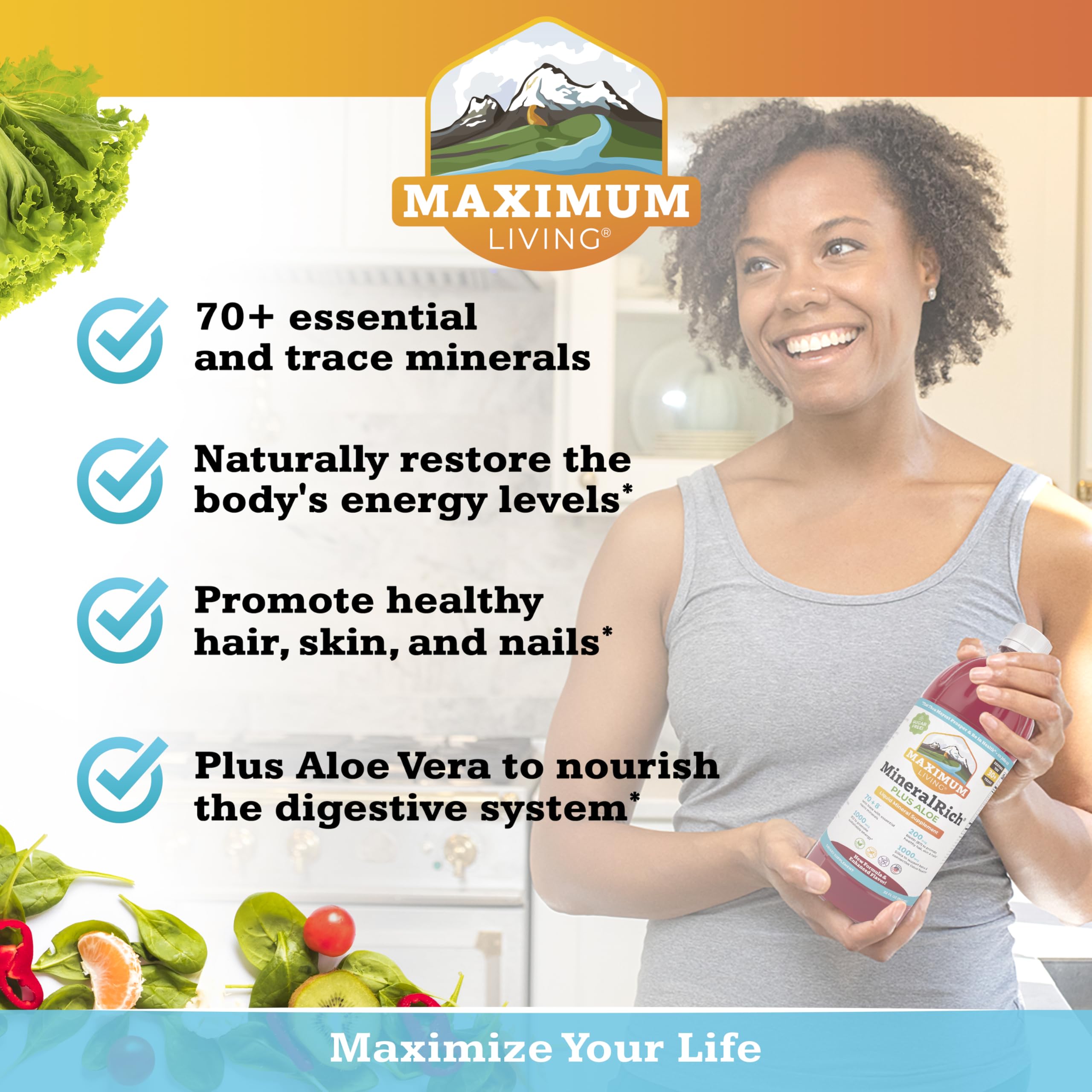 Maximum Living MineralRich : étiquette claire et flacon transparent facilitant le suivi