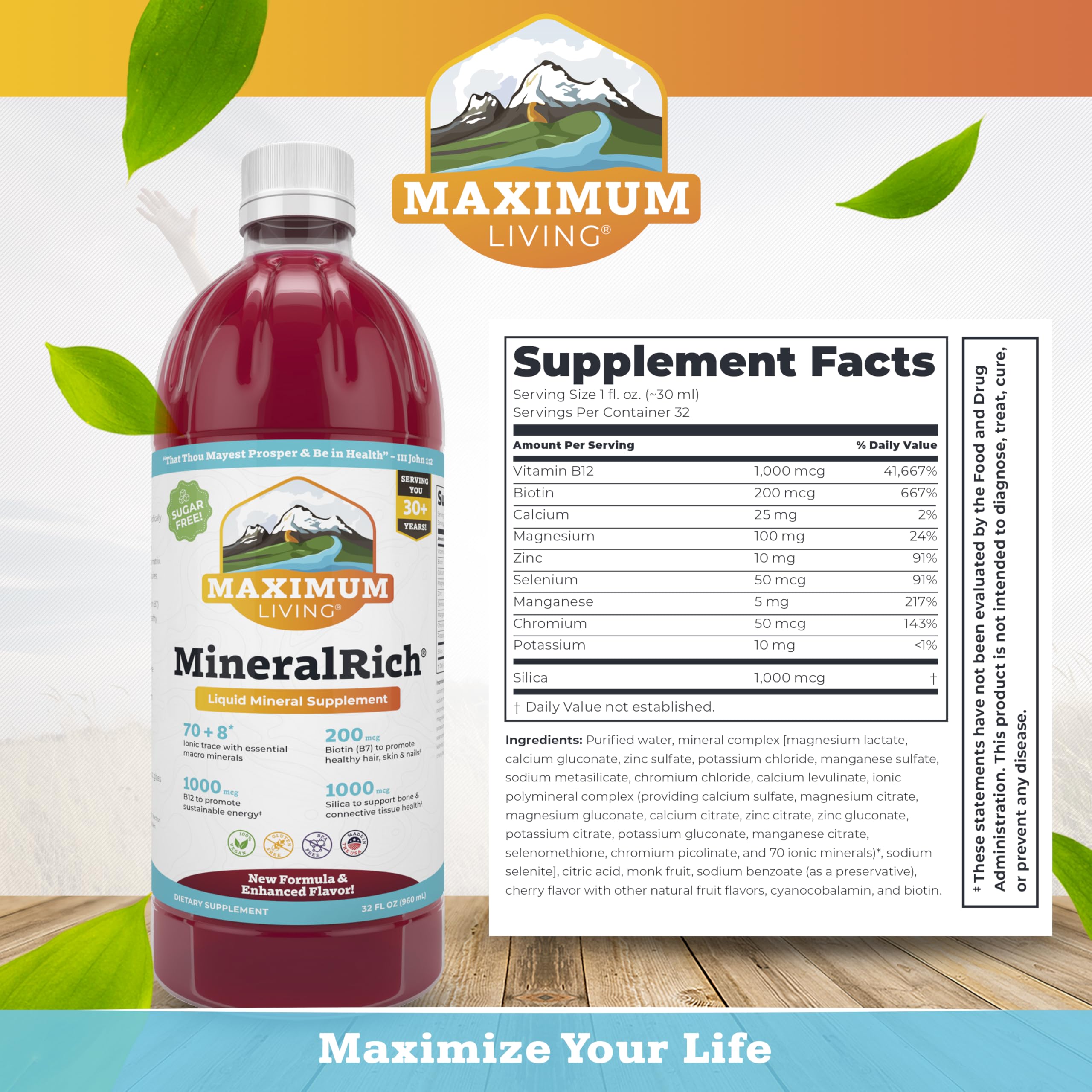 Maximum Living MineralRich versé dans un verre, dégustation légère sans sucre.
