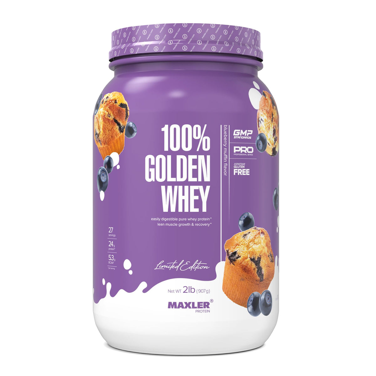 Maxler 100% Golden Whey, bouteille goût myrtille-muffin, plaisir gourmand et protéiné.