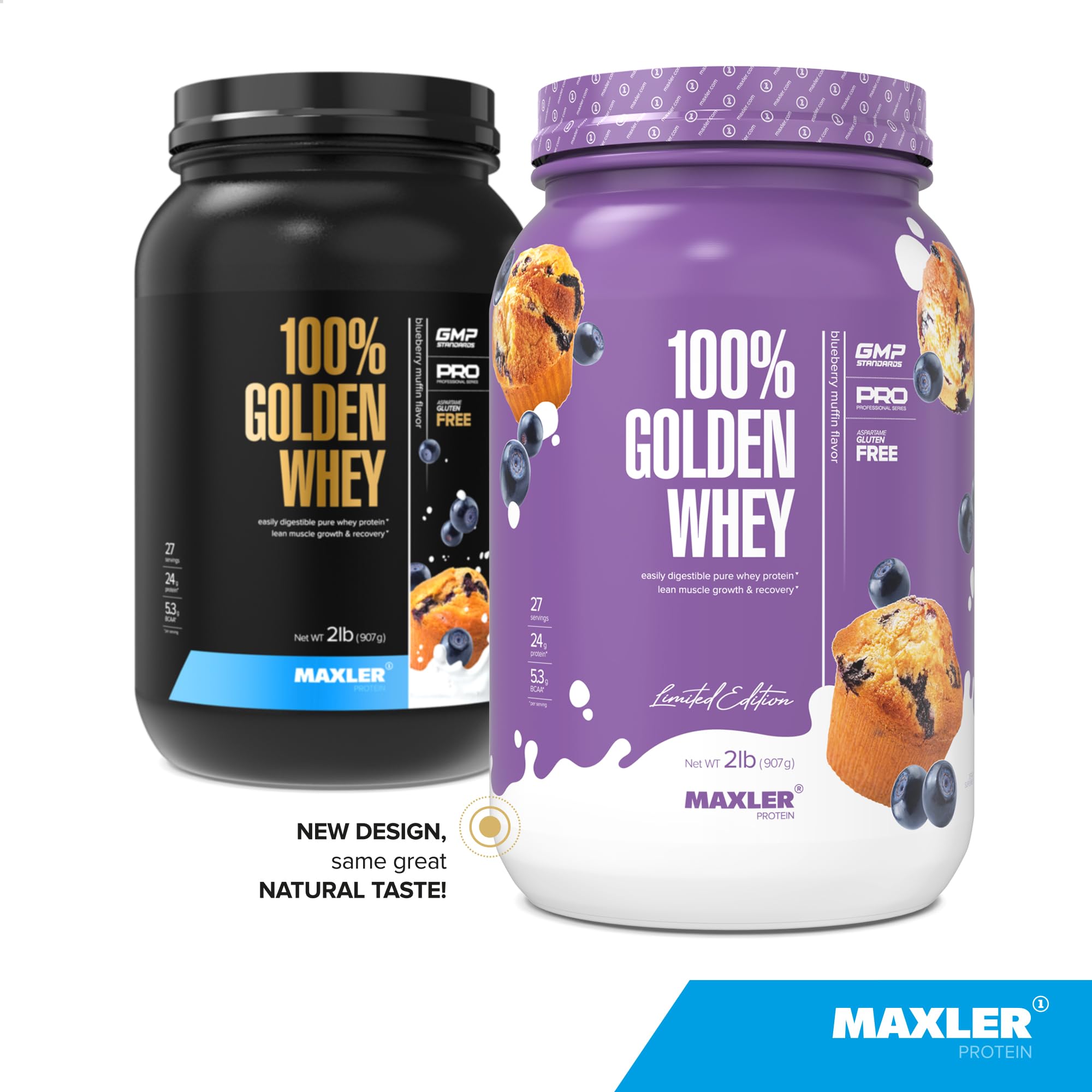 Maxler 100% Golden Whey, doseur visible, poudre facile à doser pour boissons rapides.