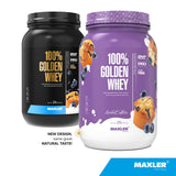 Maxler 100% Golden Whey, doseur visible, poudre facile à doser pour boissons rapides.
