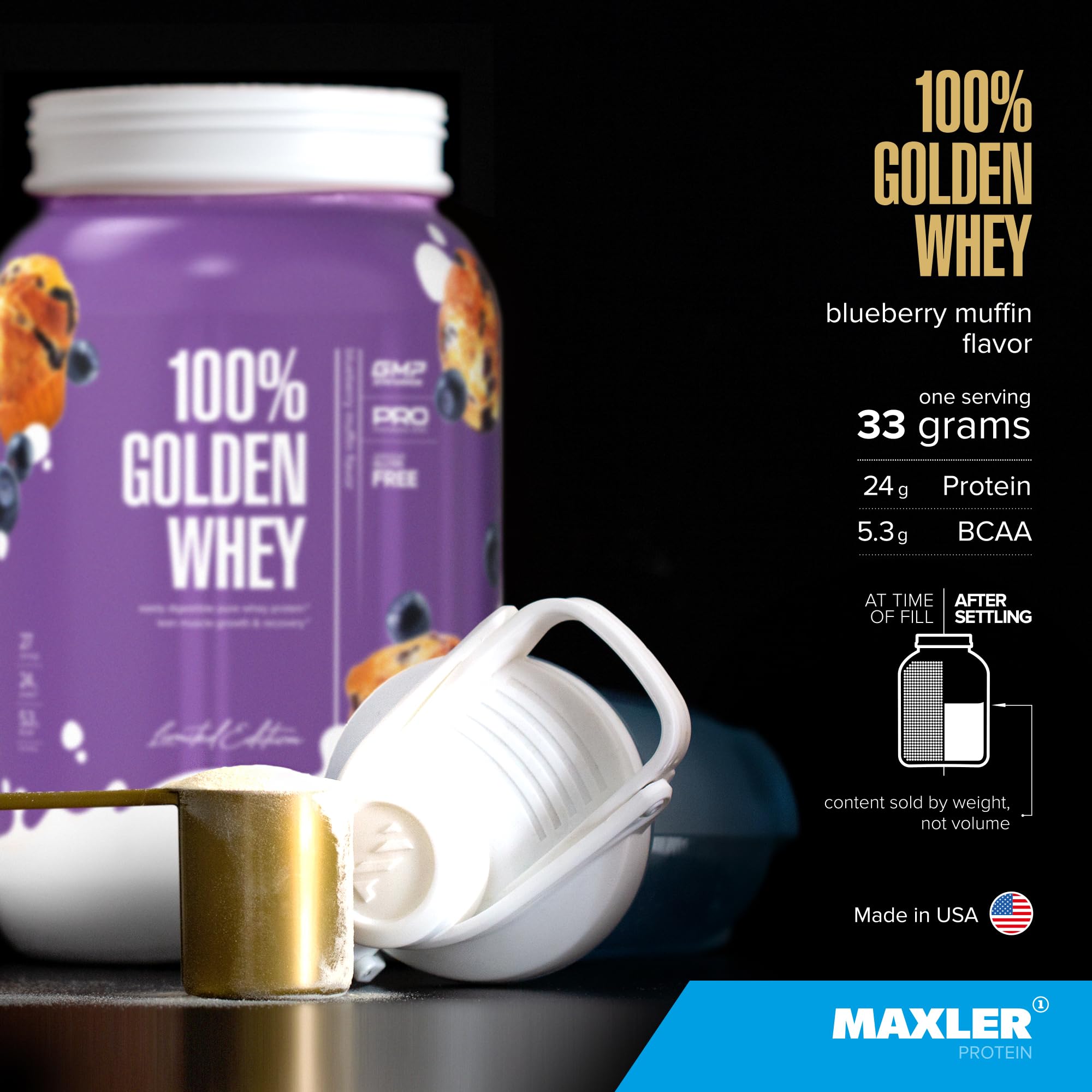 Maxler 100% Golden Whey, mélange digestif avec enzymes pour meilleure digestion après l'entraînement.