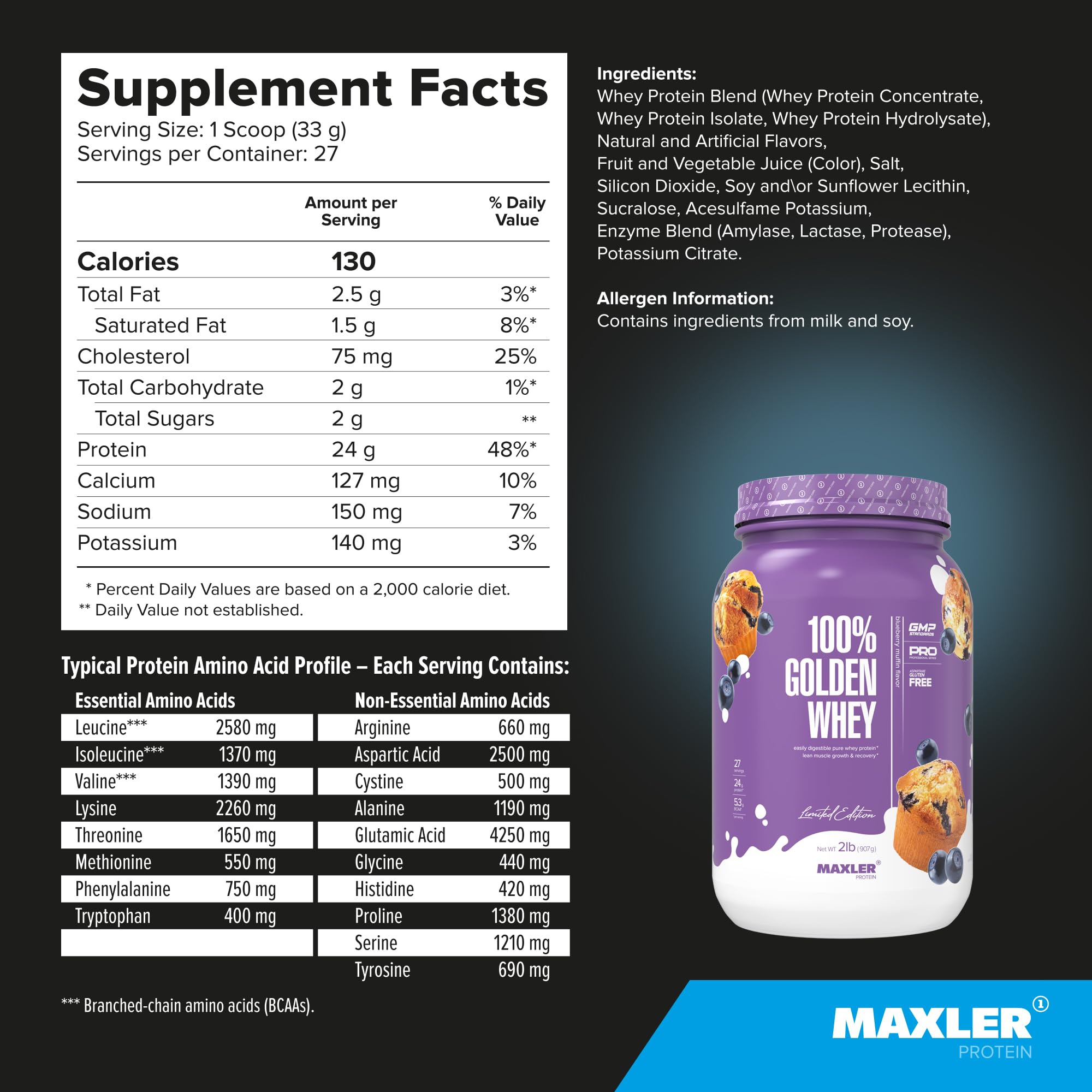 Maxler 100% Golden Whey est fabriqué aux États‑Unis et respecte les normes GMP.
