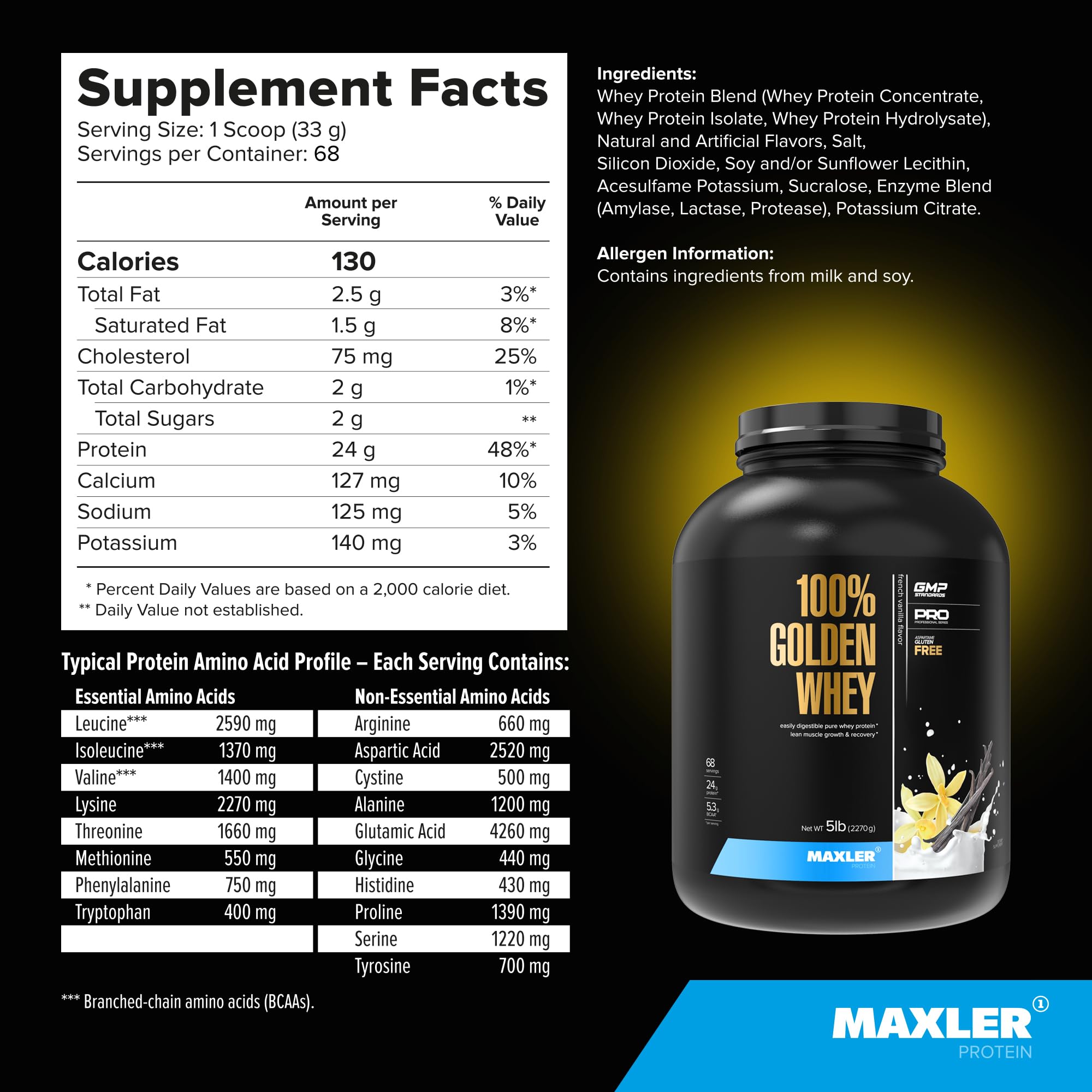 Mélange facile Maxler 100% Golden Whey avec lait ou eau.
