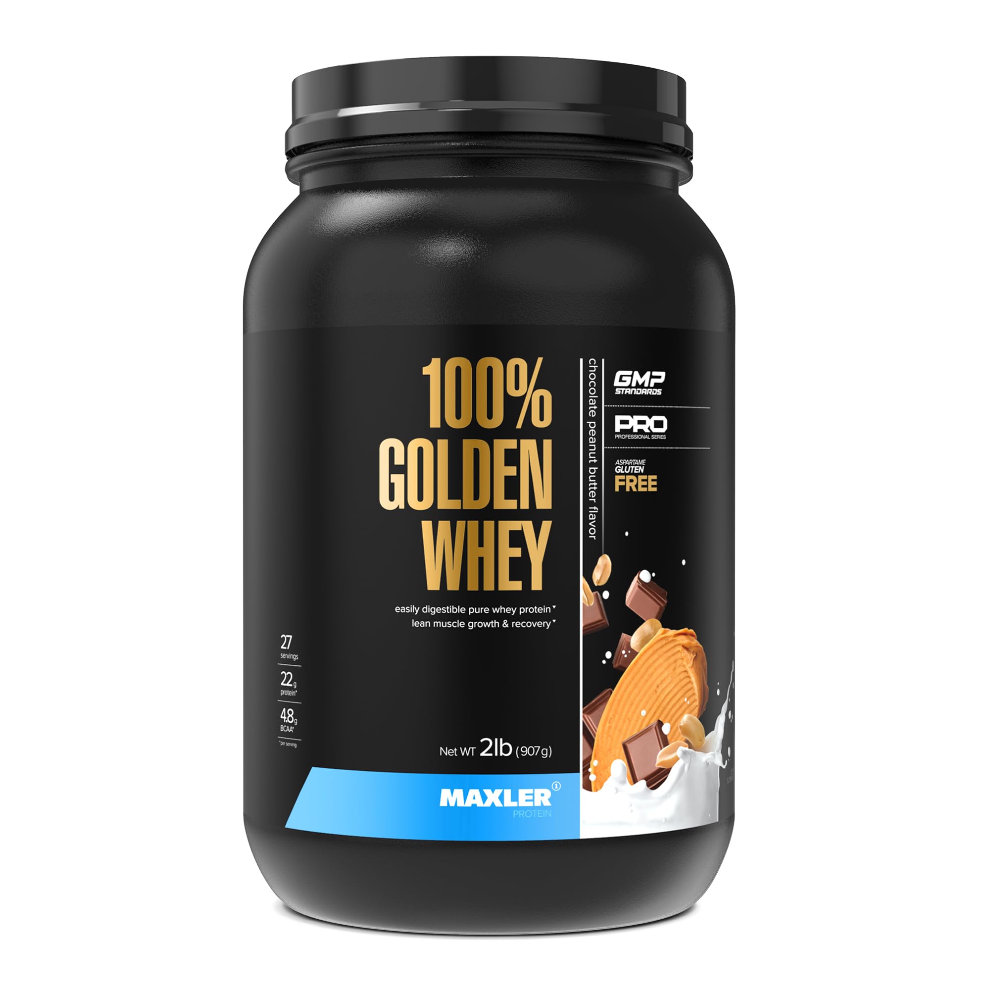 Maxler 100% Golden Whey en poudre chocolat beurre de cacahuète prête après l’entraînement.