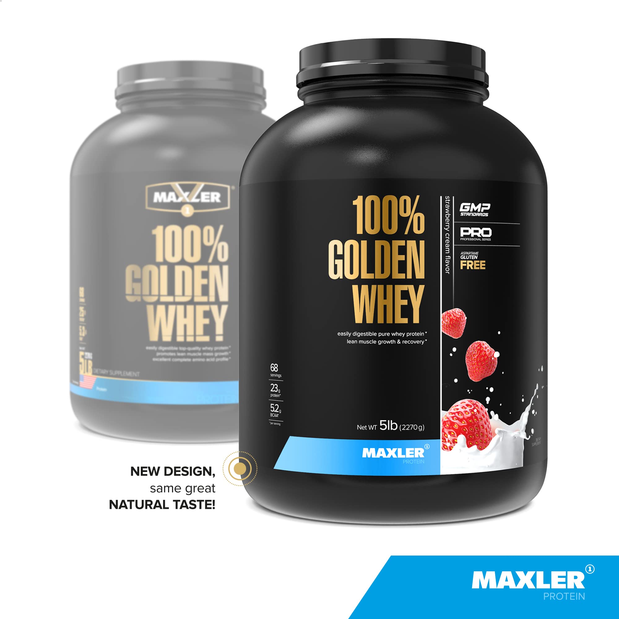 Pot-protéine-5lb: Maxler 100% Golden Whey, emballage pratique pour repas pré/post-entraînement.