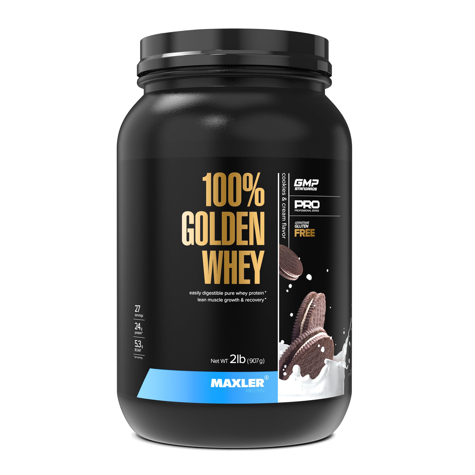 Boîte Maxler 100% Golden Whey prête au dosage pour l’entraînement.