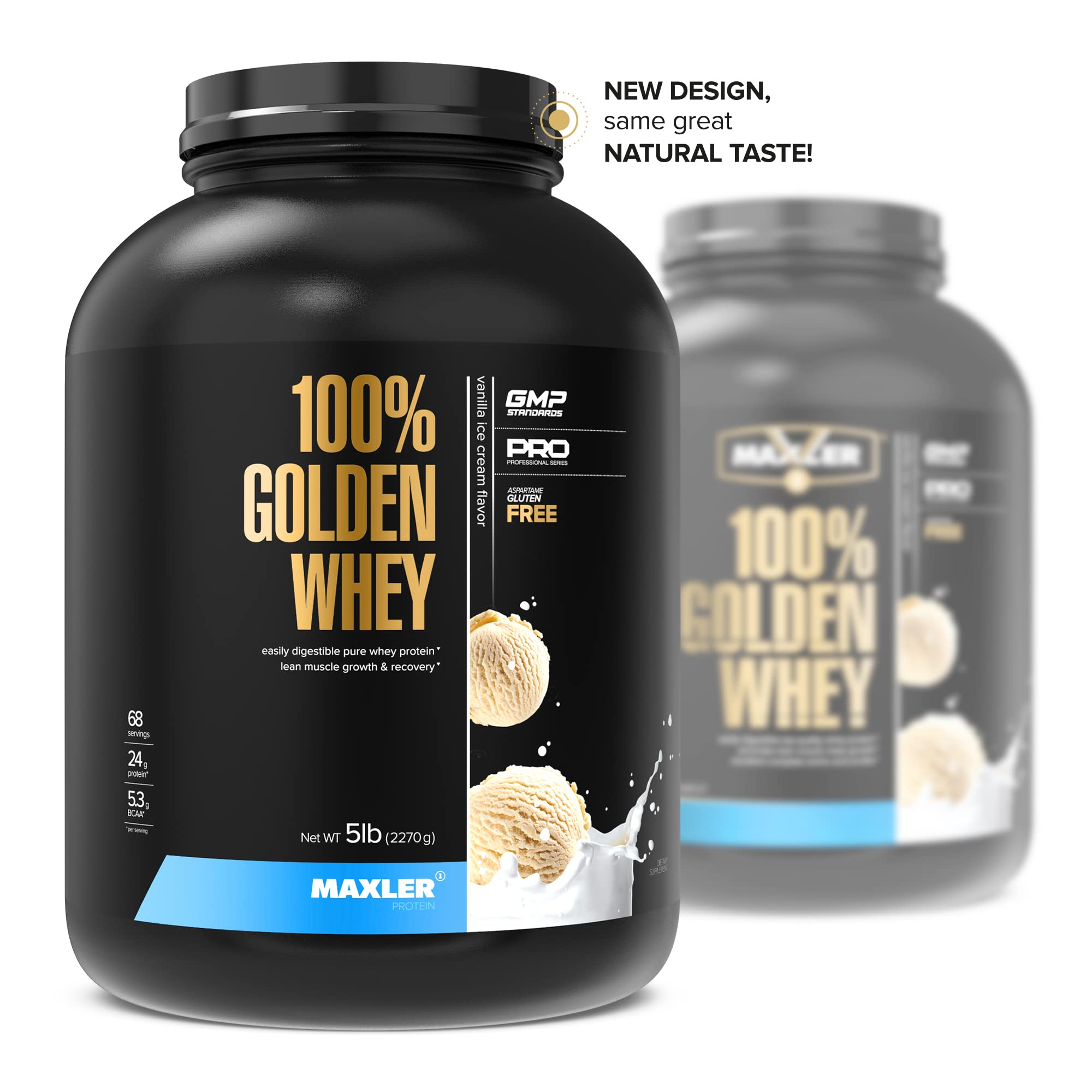 Poudre Maxler 100% Golden Whey avec cuillère, mélange rapide sans grumeaux.