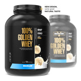 Poudre Maxler 100% Golden Whey avec cuillère, mélange rapide sans grumeaux.