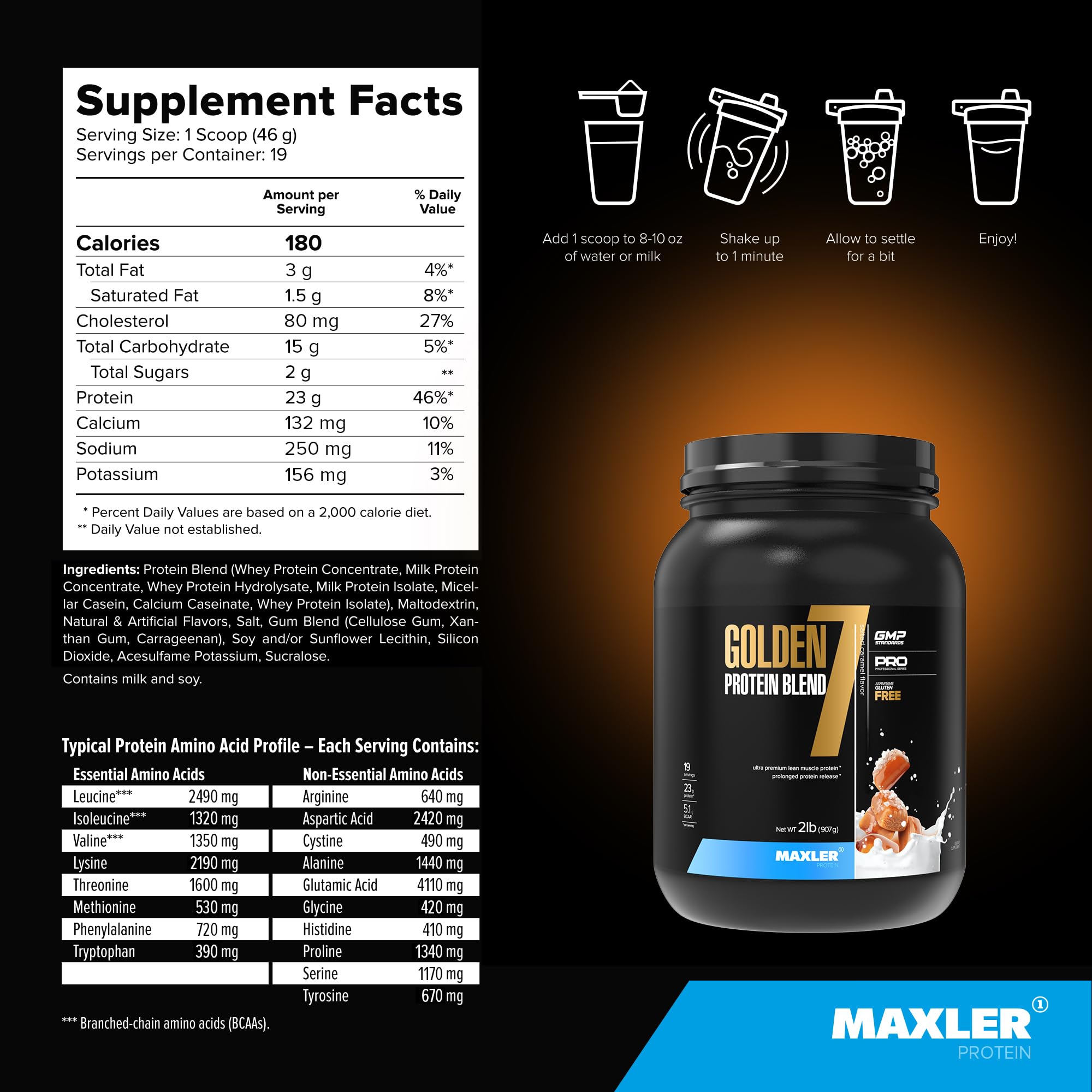 Maxler Golden 7, cuillère-mesure incluse, pratique pour plan nutritionnel.