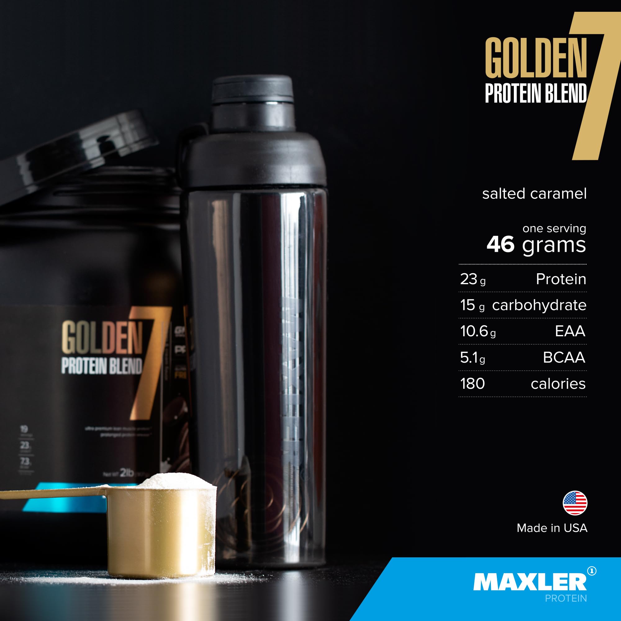 Maxler Golden 7, poudre chocolat au lait, apport rapide après séance.