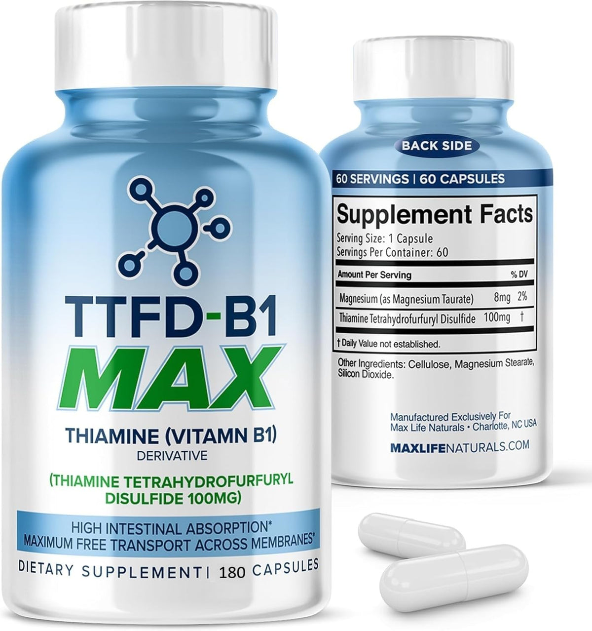 MAXLIFE NATURALS TTFD B1 – Bouteille 180 capsules affichant une haute biodisponibilité