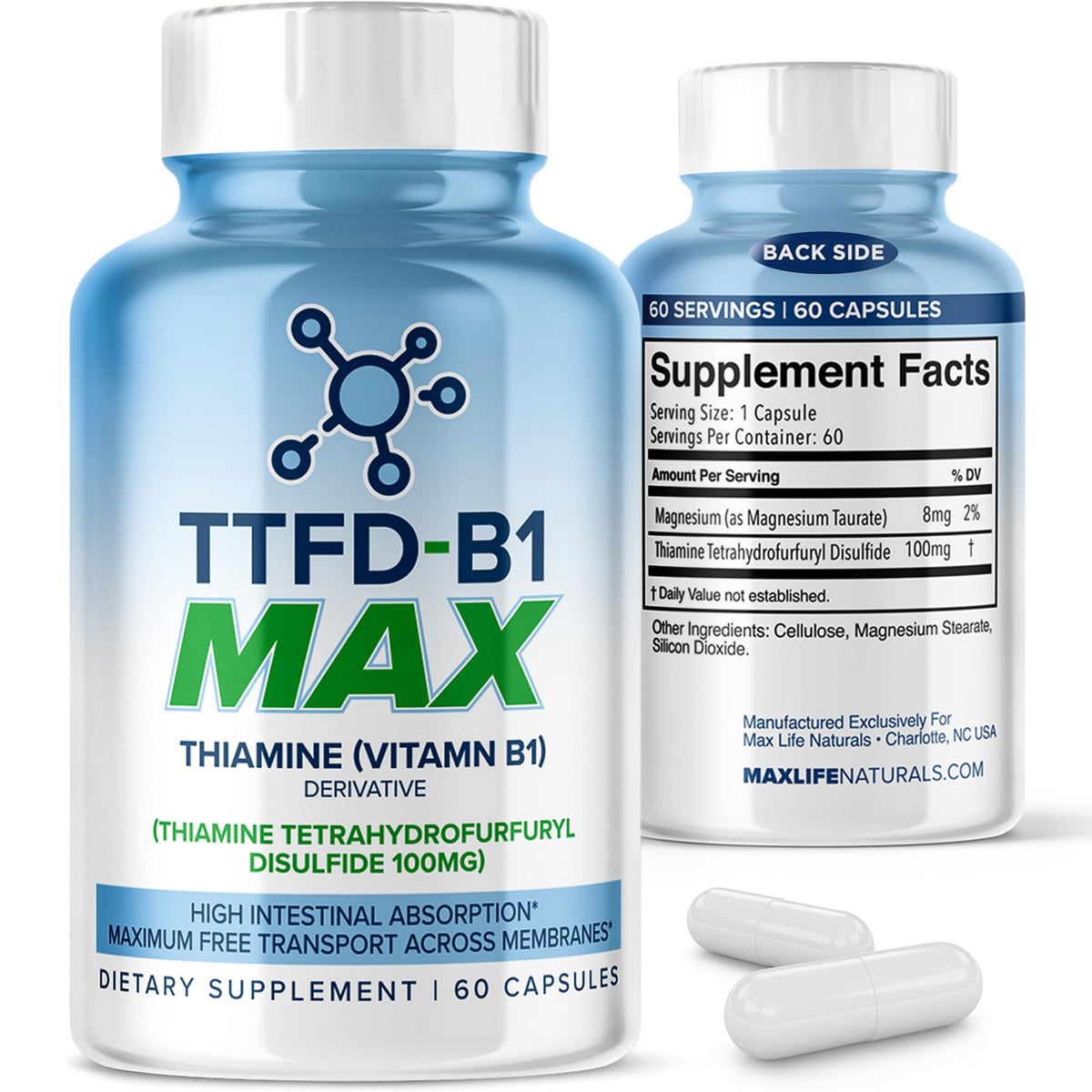 MAXLIFE NATURALS TTFD B1 capsules, haute biodisponibilité pour énergie durable.