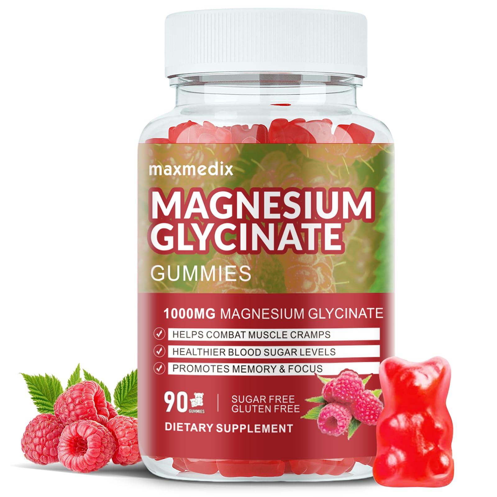 Gommes Maxmedix magnésium glycinate en bouteille rouge pour le sommeil potentiel.