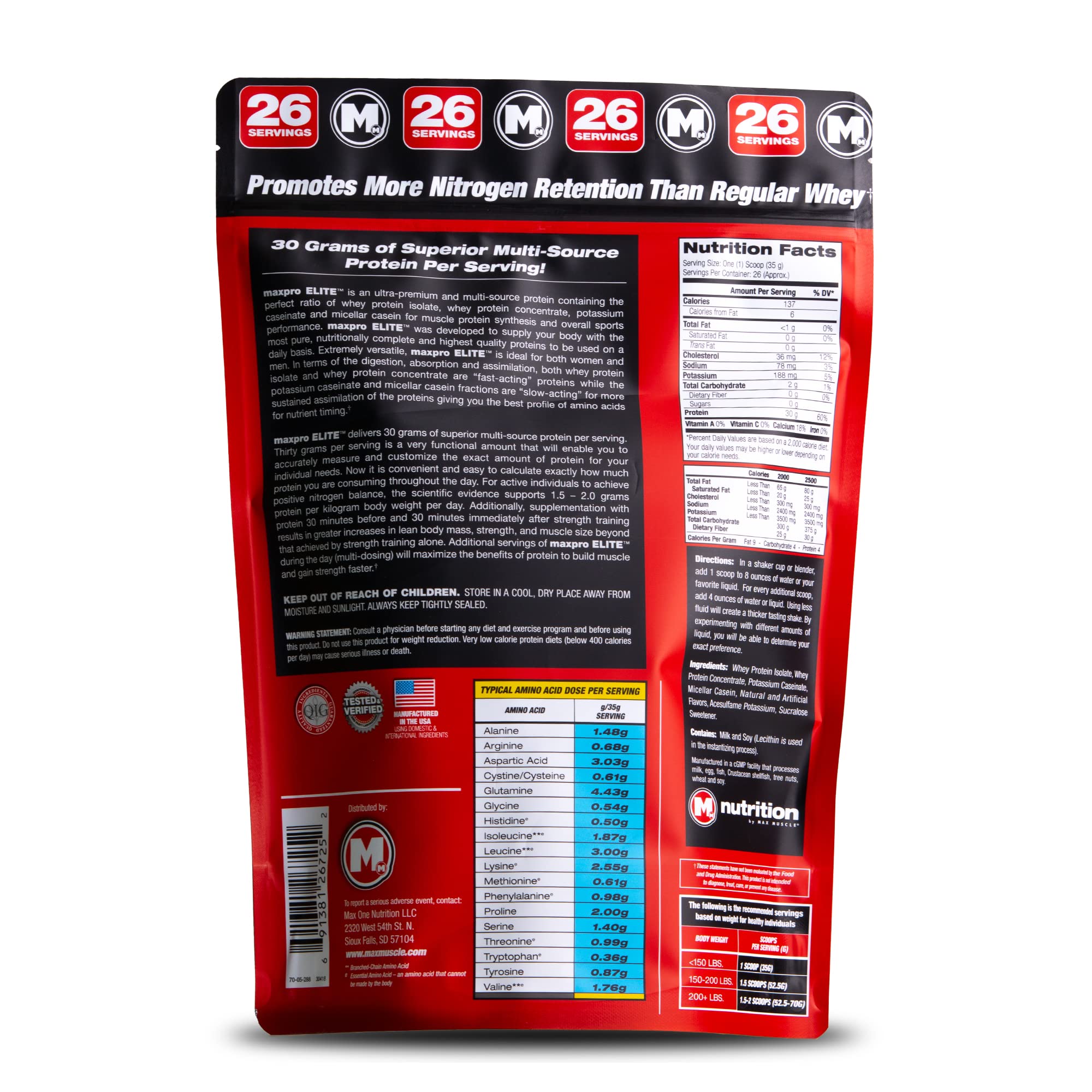Melange multi-sources Maxpro Elite favorise recuperation et croissance musculaire.