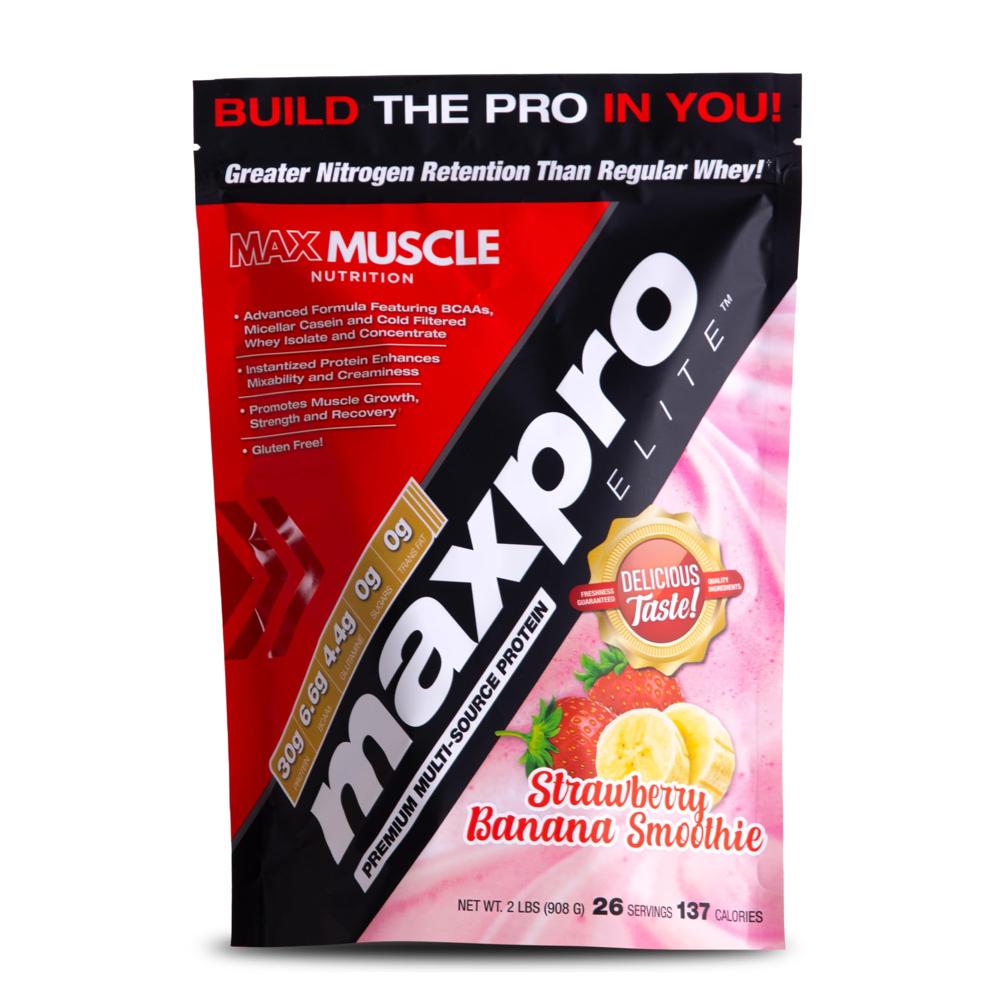 Max Muscle Maxpro Elite: flacon montrant la poudre protéinée pour le post-entraînement.