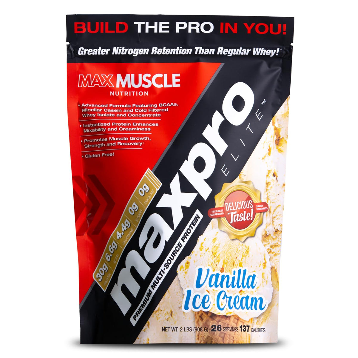 Max Muscle Maxpro Elite - shake vanille crémeux après entraînement pour récupération.