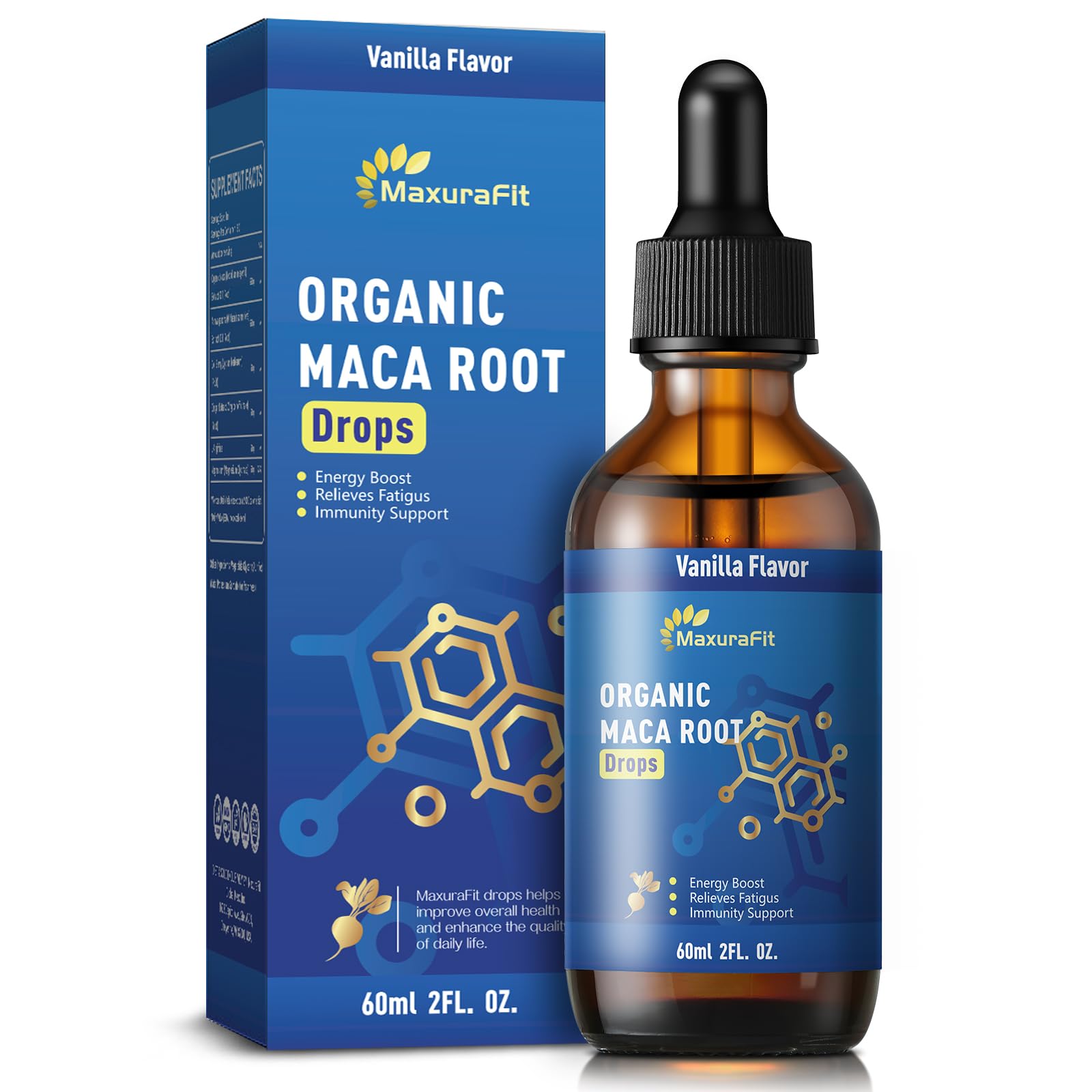 Gouttes MaxuraFit Maca et Ashwagandha dans une bouteille, énergie potentielle au quotidien.